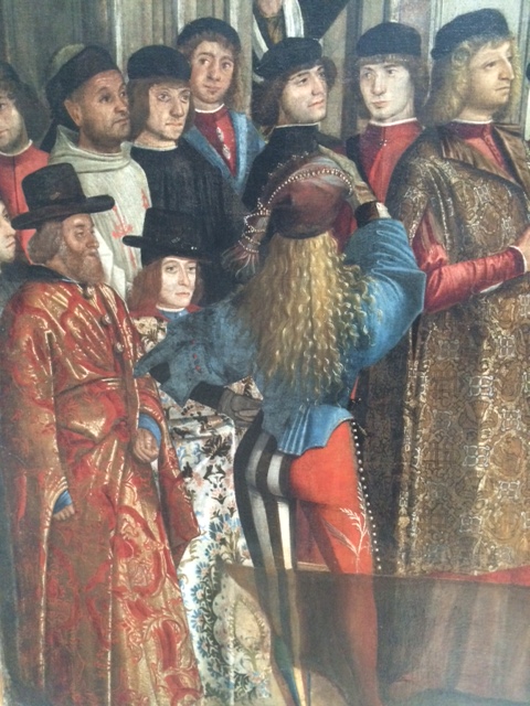 Where to start with Carpaccio? These fashionable gentlemen are bystanders at the 'Miracle of the True Cross on the Rialto'.