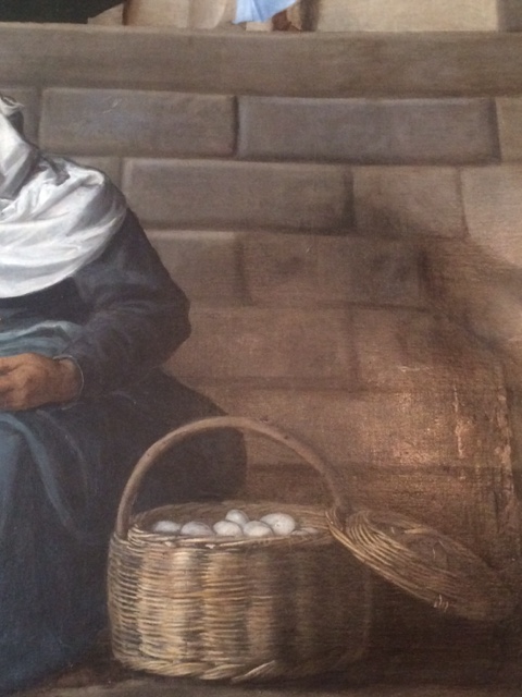 And finally: a basket of eggs, from Titian's 'Presentation of the Virgin in the Temple'. The old market lady is looking around to see what all the fuss is about, not realising that the child Mary, full of composure and grace, and bathed in the light of heaven, is mounting the temple steps above her.