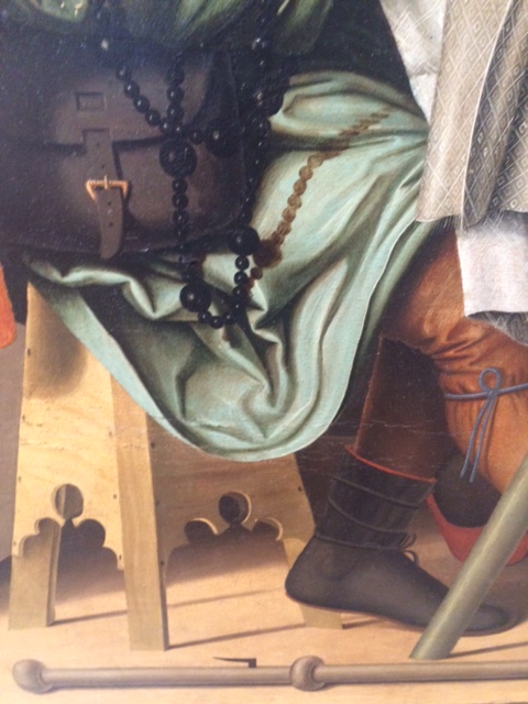 In 'Supper at Emmaus', by Marco Marziale, the stool on which one of the travellers is sitting, his boots, bag, staff and (anachronistic) rosary are also meticulously delineated.
