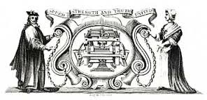 This early coat of arms of the Company shows William Lee and his frame machine. The woman on the right is allegedly the girlfriend or wife who knitted too slowly (or was more absorbed in her knitting than in him) for his taste, thus inspiring his invention.