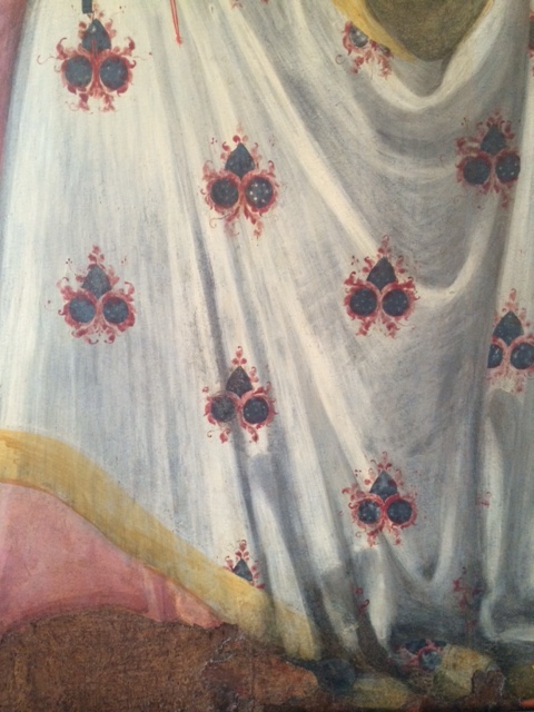Detail of the Virgin's robe in a 'Madonna and Child' by the Maestro della Madonna del Parto, active around 1400. (I was disconcerted to hear a tour guide inform her French flock that thus was an eighteenth-century painting.)