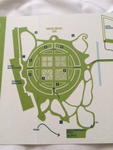 The present-day layout (the Biodiversity Garden is off at top right), compared with the seventeenth-century view (below). 