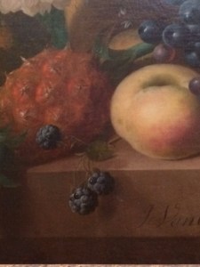 Detail from a still-life of mixed fruit and flowers, by Jan van Os (1744–1808), in the Fitzwilliam Museum.
