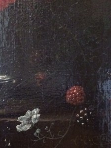 Detail of a glass vase of mixed flowers, by Nicolaes van Verendael (1640–91), in the Fitzwilliam Museum, Cambridge.