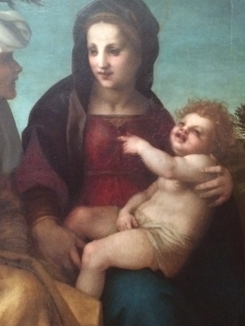 In Andrea del Sarto's painting at the National Gallery, London, the infant is amused by his aunt Elizabeth and cousin John, who have dropped by with the symbols of the Crucifixion.