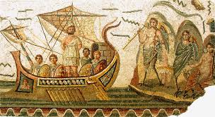 Sirens trying to lure a rather stolid Ulysses on sure: mosaic from the Roman town of Bardo in Tunisia.