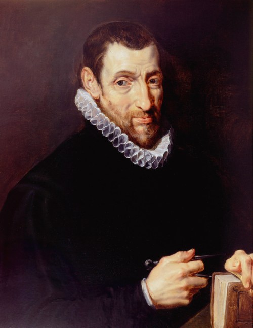 Portrait of Plantin by Rubens, commissioned after his death by his grandson Balthasar Moretus. He holds the Golden Compasses as well as a book. (Plantin-Moretus Museum)