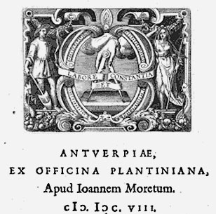 The printing house's colophon from 1608, with the golden compasses and the motto 'Labore et Constantia': by labour and steadfastness.
