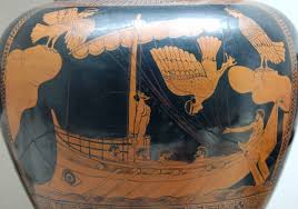 In this famous red-figure jar, a harpy-like siren is falling into the sea after failing to seduce the Ithacan crew.