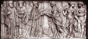 Detail of the tomb, showing Caterina handing her crown to the Doge.