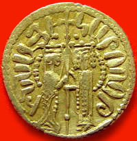 A gold coin showing Isabella and Hethum as king and queen.