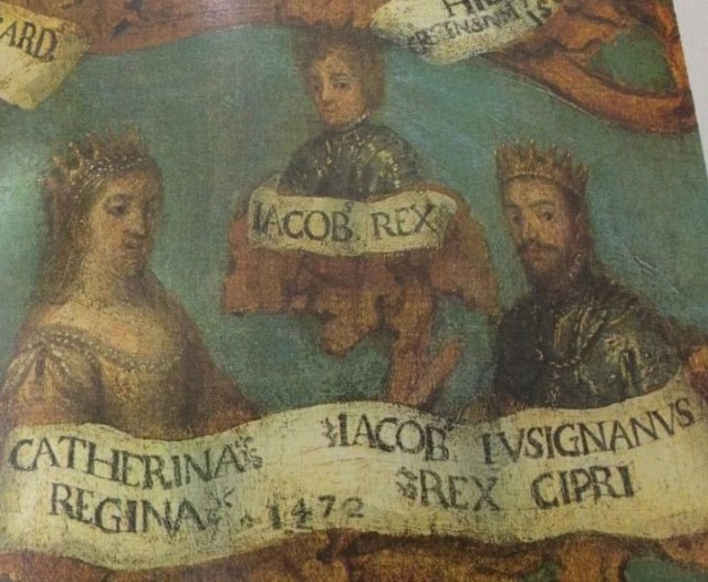 A genealogical image of James II, Caterina, and their son, the short-lived James III.