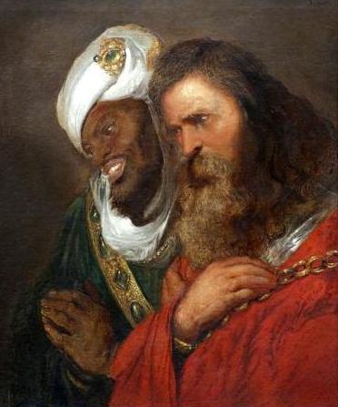 A despondent Guy with his captor Saladin, as imagined by the Dutch historical artist Jan Lievens in 1625.