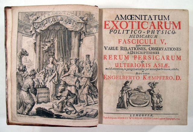 The frontispiece and title page of Kaempfer's Amoenitatum exoticarum (1712): 'exotic delights' from the Orient (including a camel) are presented to Europa.
