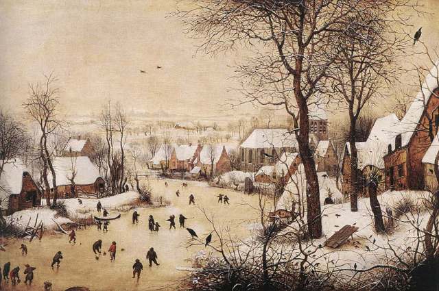 Pieter Breugel the Elder, 'Winter Scene with a Bird Trap'. Men are skating, playing kolf and curling, while boys spin tops, and a mother takes toddler for a walk. (Credit: Kunsthistorisches Museum, Vienna)