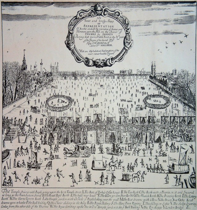 A print showing the 1683–4 fair: features shown include the bull-baiting (centre left) and 'chair-sliding' in the ice (centre right).