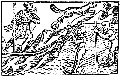 Skaters propel themselves along with poles, the hunter on the left appears to be wearing elongated snow-shoes. 