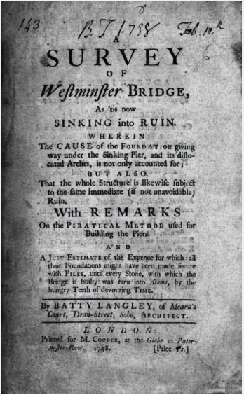 Batty Langley's pamphlet of 1748, rejoicing in a setback in the bridge's construction. An illustration shows (presumably) Labelye hanging from a scaffold under one of the arches. 