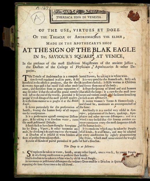 An eighteenth-century advert for genuine Venetian theriaca.