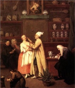Longhi's pharmacist. Note the array of jars and glass vessels on his shelves. 
