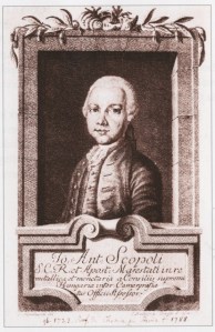 Giovanni Antonio Scopoli, and the title page of one of his books.