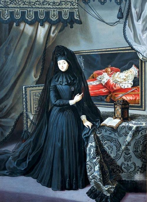 Anna Maria Luisa in widow's weeds, gesturing towards her husband, who lies in state. By Jan Frans van Douven.